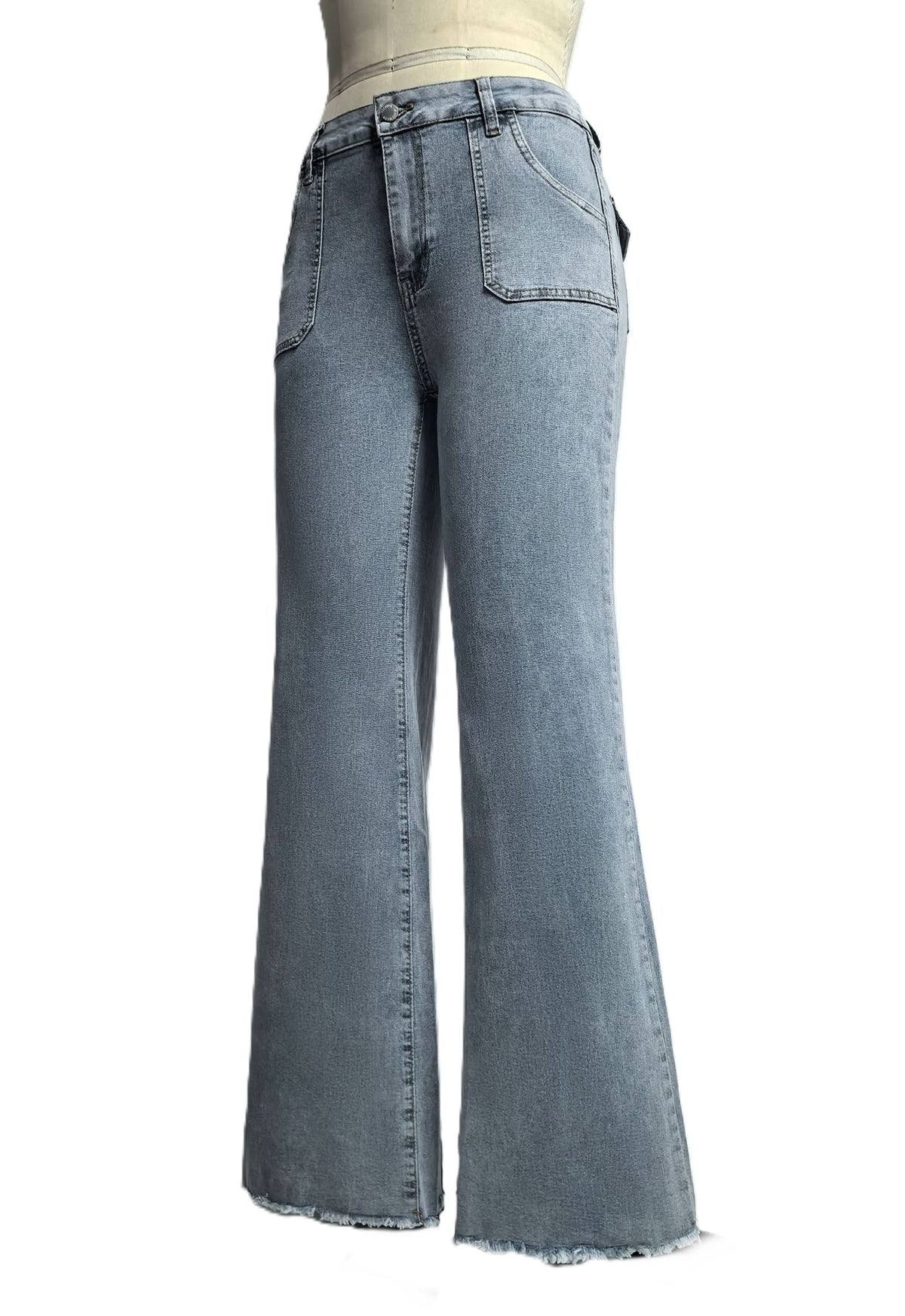 Patch Pocket Raw Hem Flare Jeans - Blue - 1