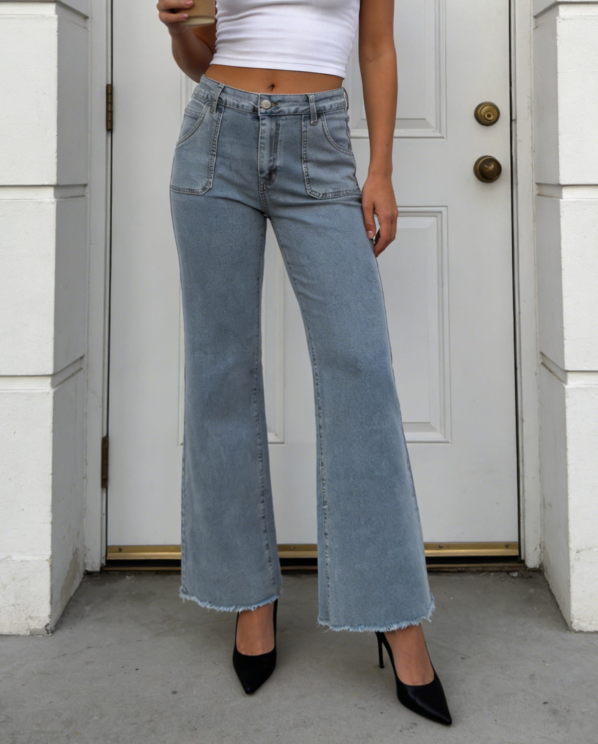 Patch Pocket Raw Hem Flare Jeans