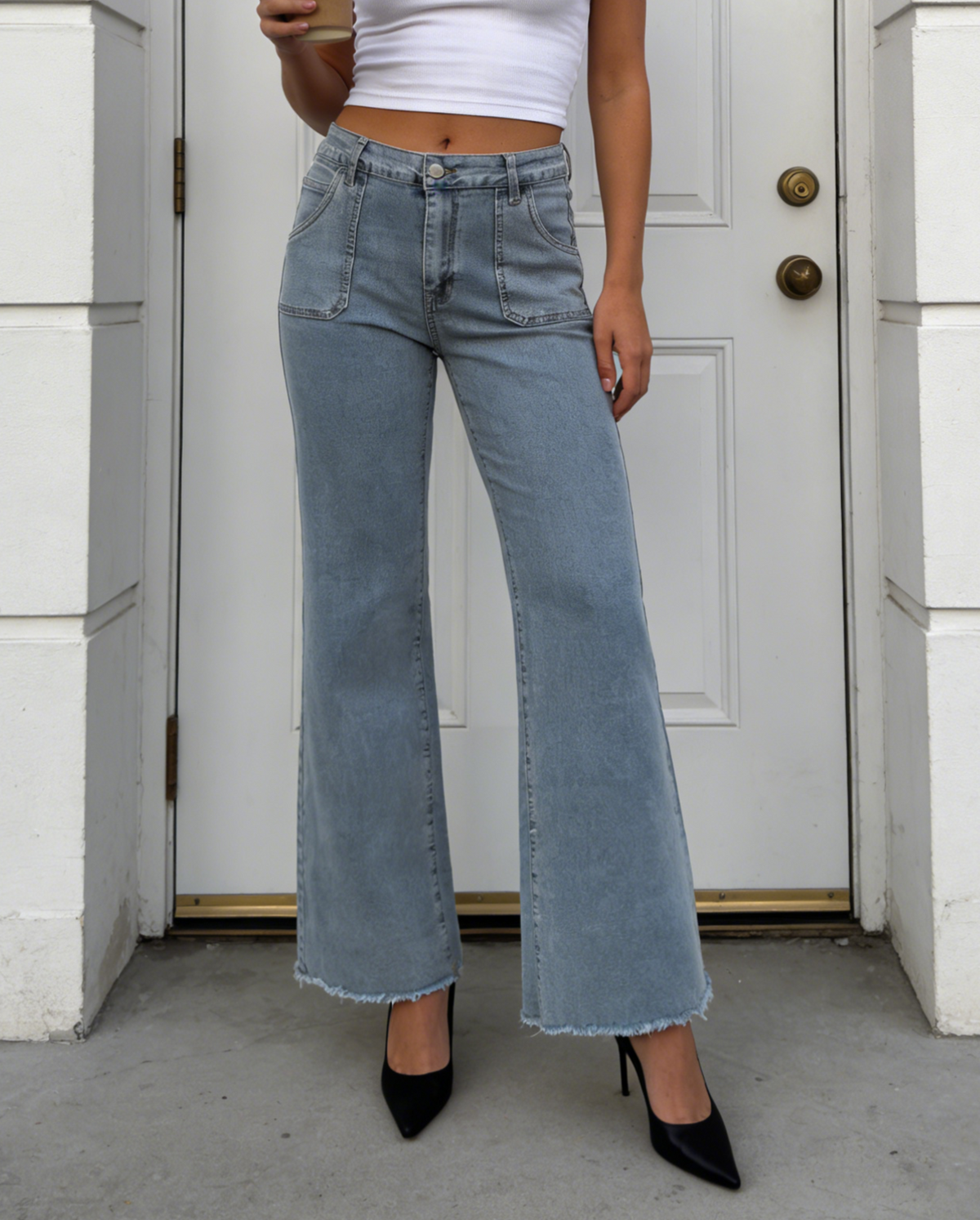 Patch Pocket Raw Hem Flare Jeans - view 1