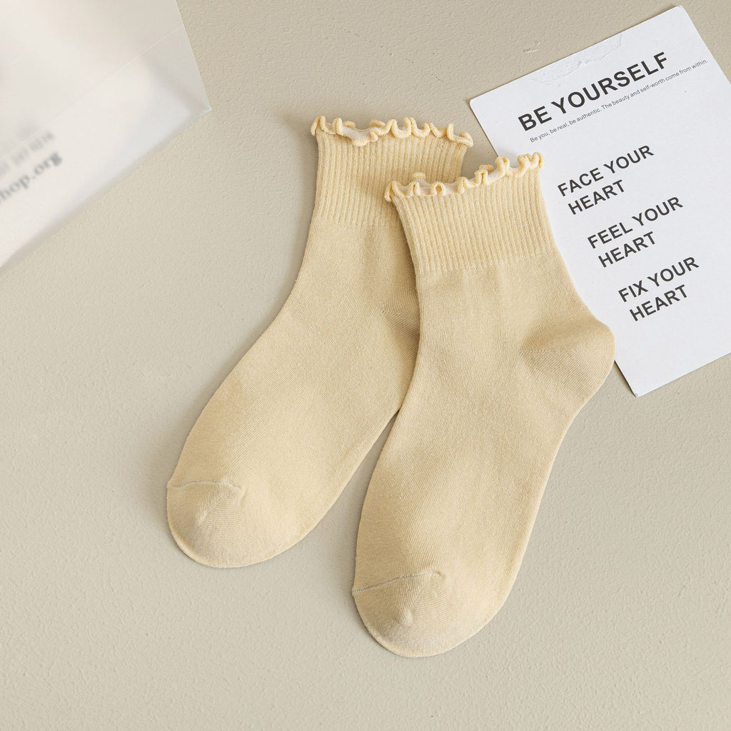 Ribbed Ruffle Cuff Ankle Socks - Apricot