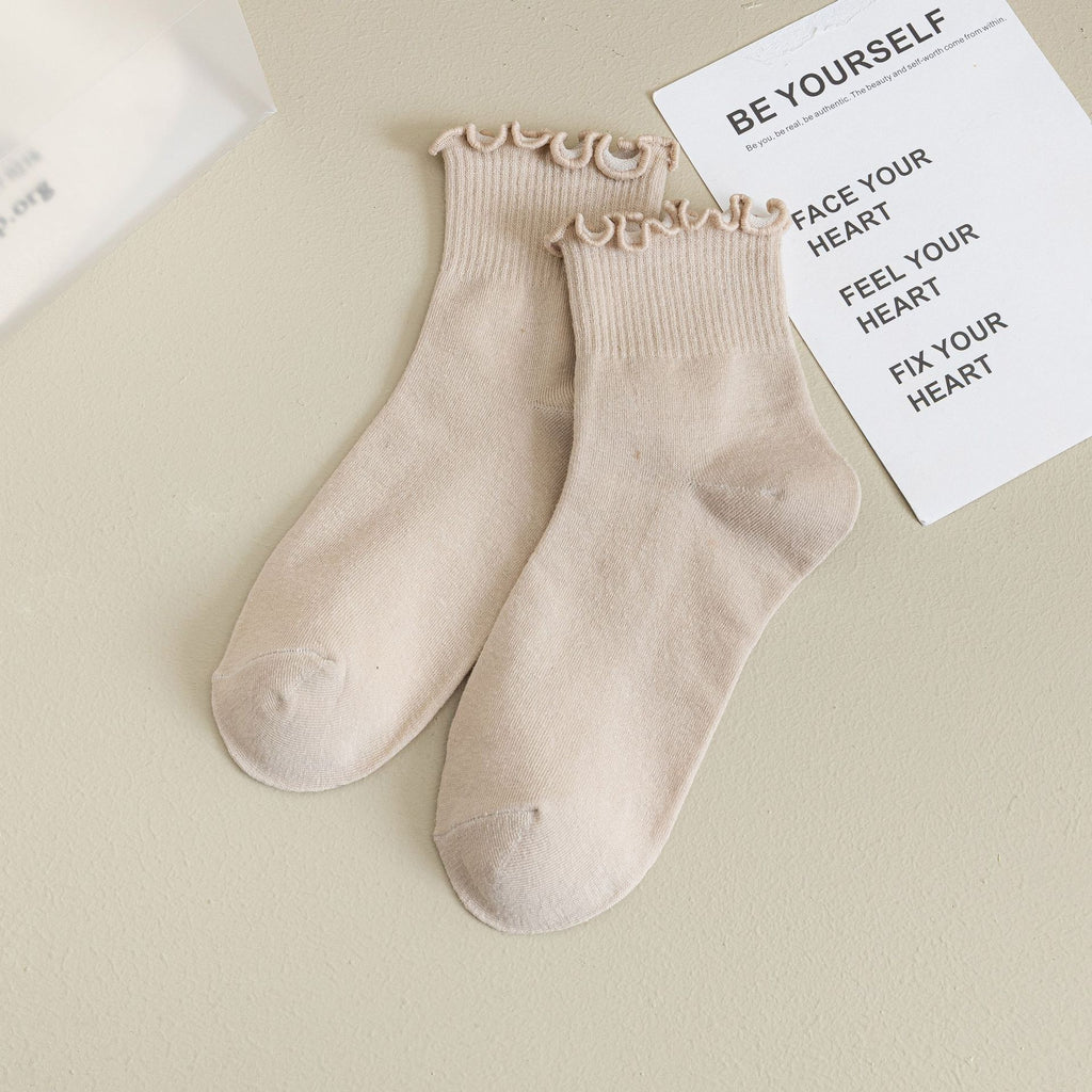 Ribbed Ruffle Cuff Ankle Socks - Khaki - 1