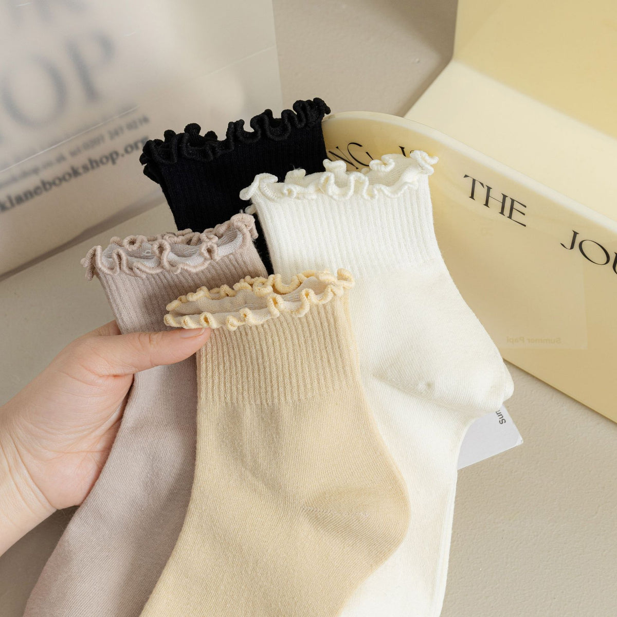 Ribbed Ruffle Cuff Ankle Socks - Khaki - 2