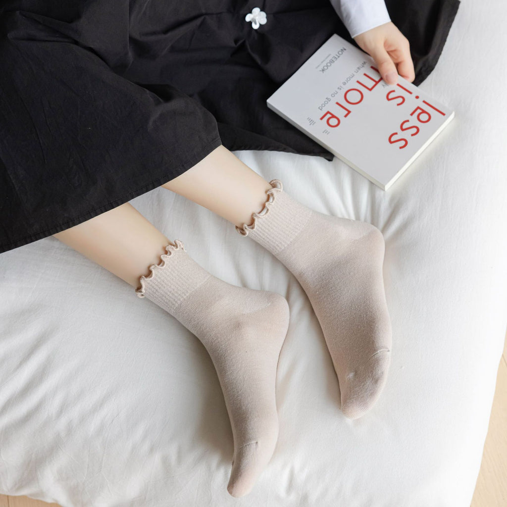 Ribbed Ruffle Cuff Ankle Socks - Khaki - 3