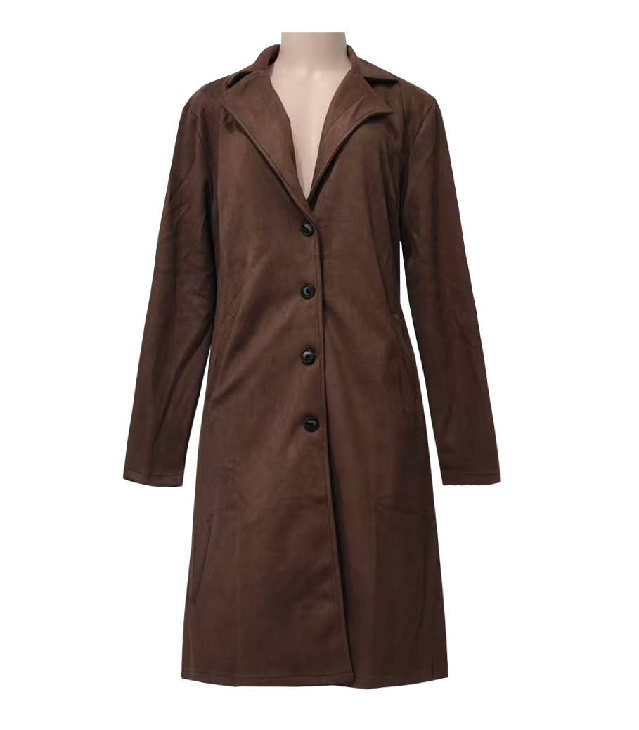 Suede Notch Lapel Longline Button Coat