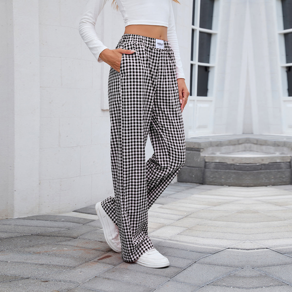Gingham Check Loose Straight Leg Trousers - Black