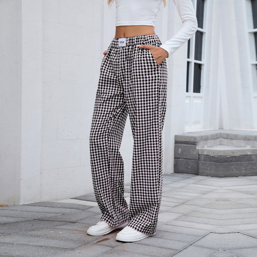 Gingham Check Loose Straight Leg Trousers - Black - 1