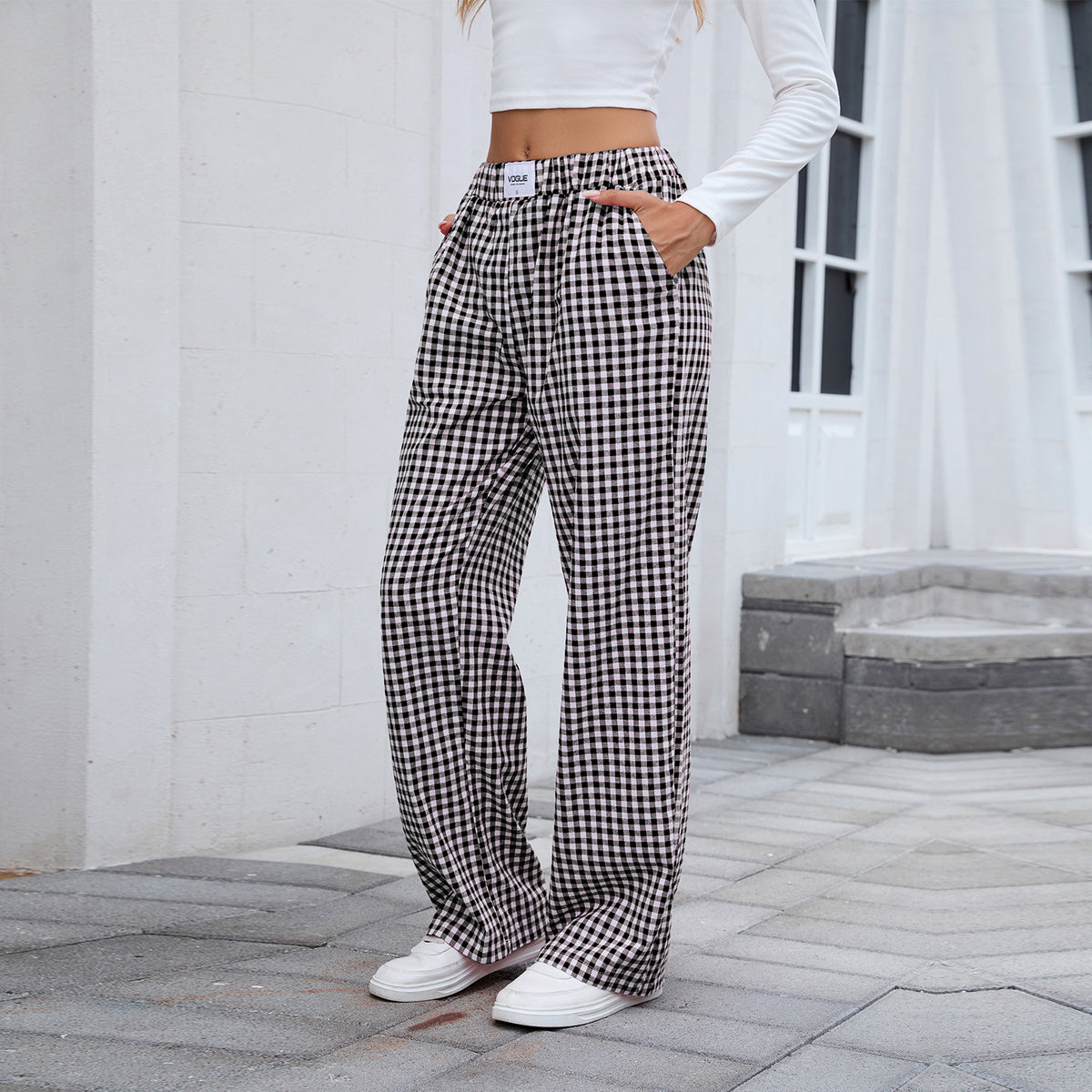 Gingham Check Loose Straight Leg Trousers - Black - 1