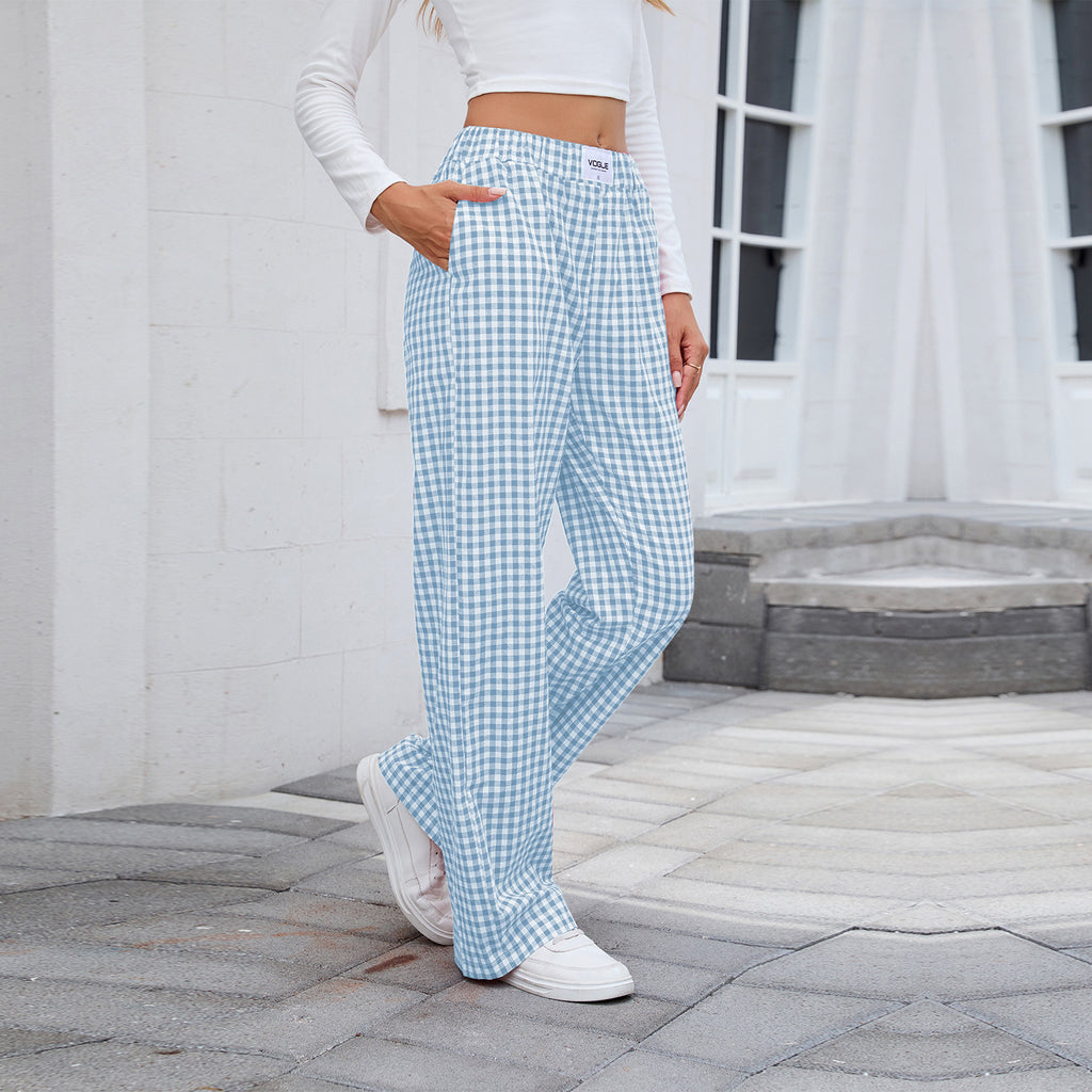 Gingham Check Loose Straight Leg Trousers - Blue