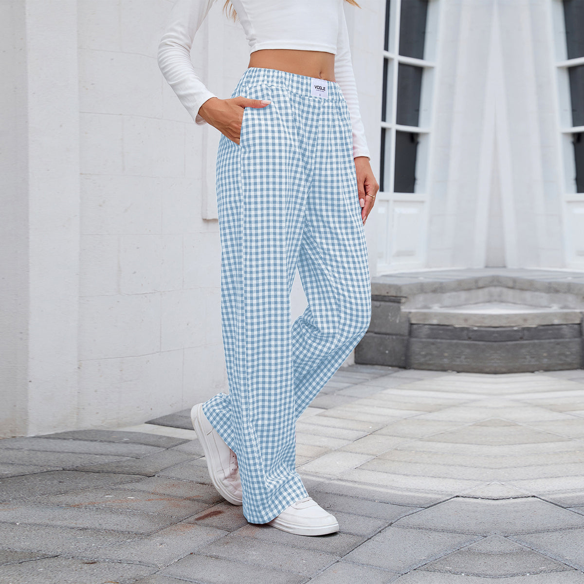 Gingham Check Loose Straight Leg Trousers - Blue
