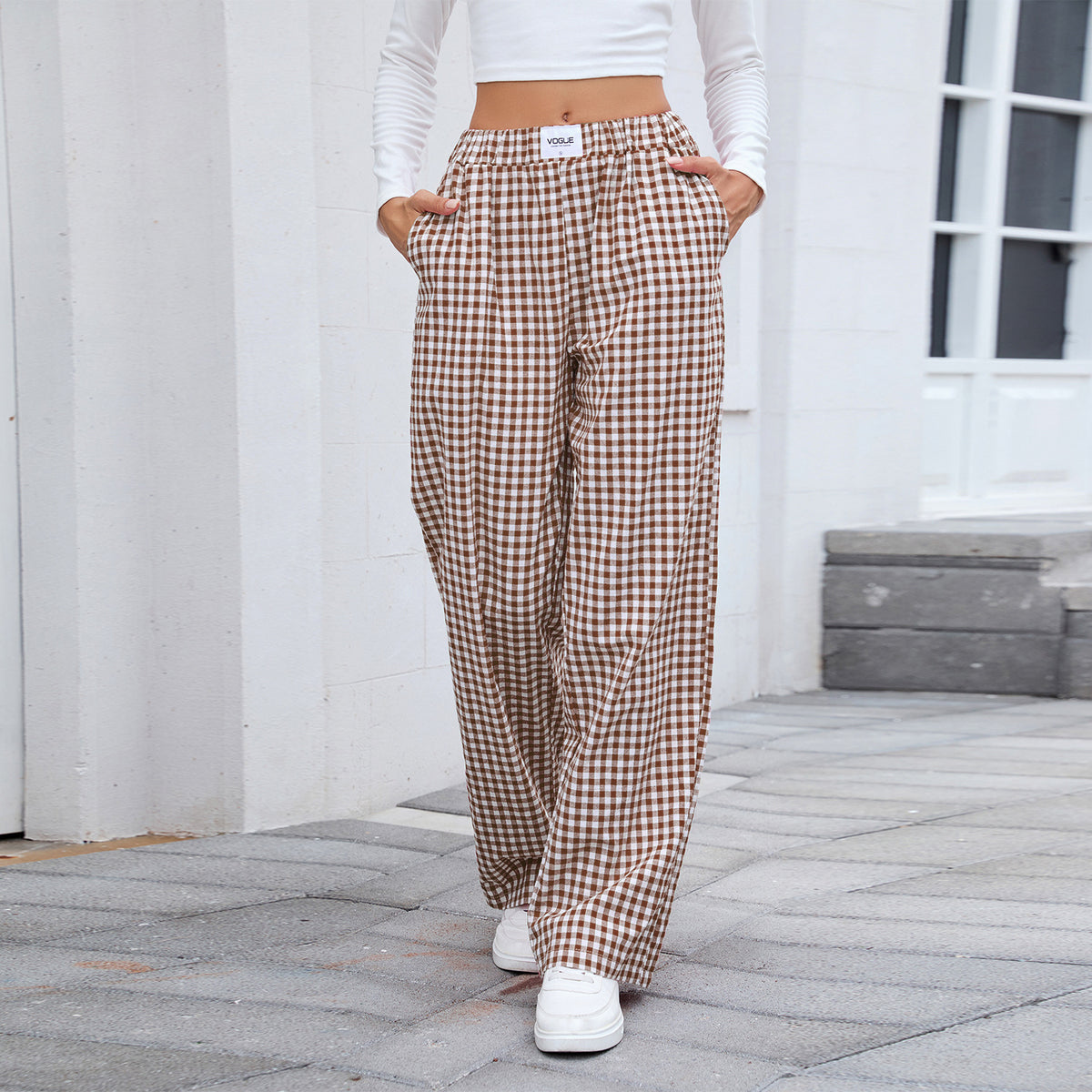 Gingham Check Loose Straight Leg Trousers - Coffee