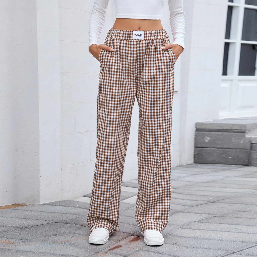 Gingham Check Loose Straight Leg Trousers - Coffee - 1