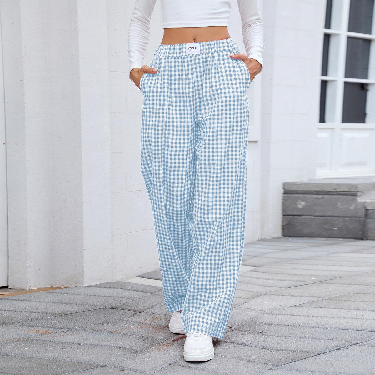Gingham Check Loose Straight Leg Trousers