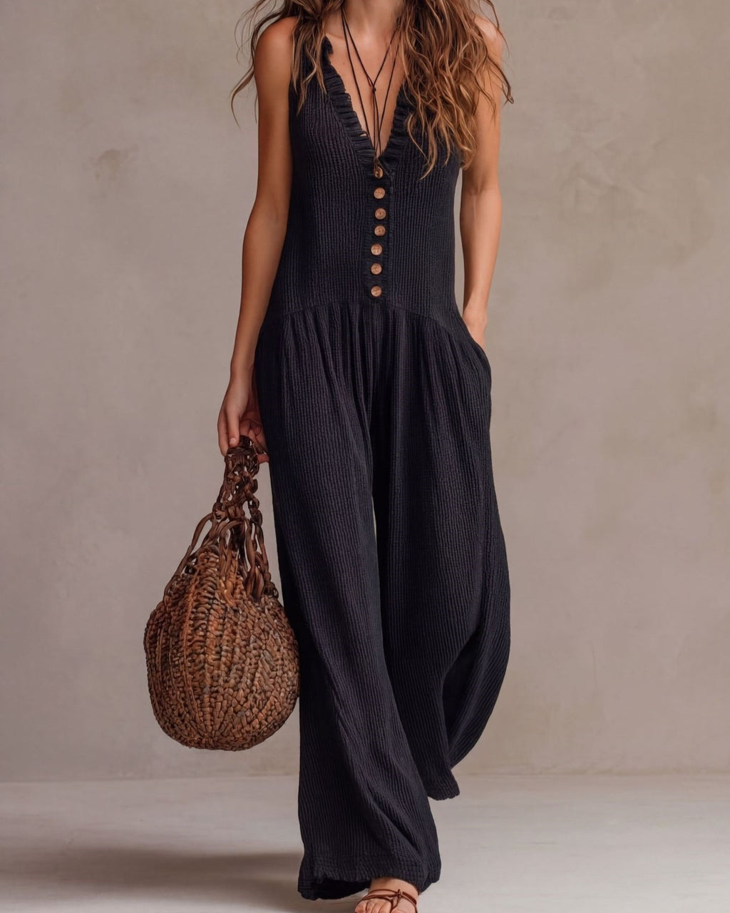 Relaxed Button Front Palazzo Leg Jumpsuit - Black
