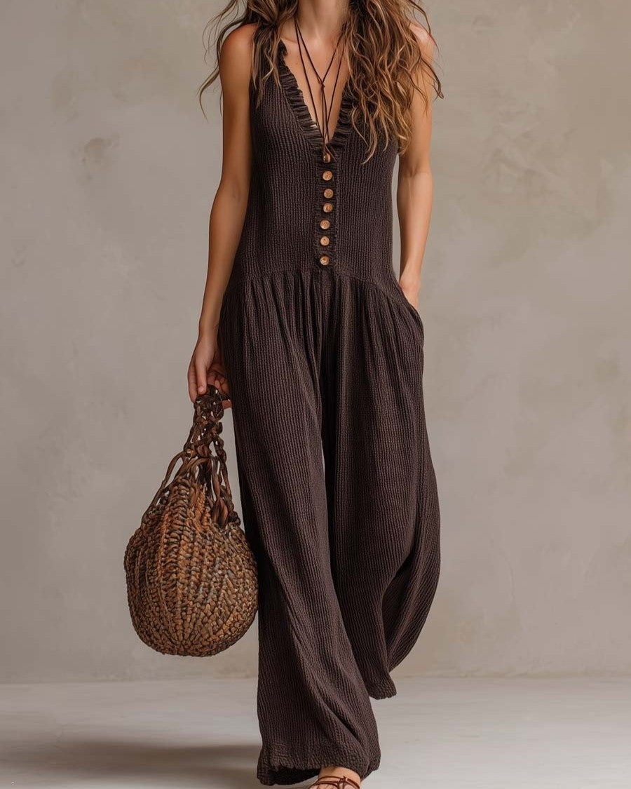 Relaxed Button Front Palazzo Leg Jumpsuit - Brown