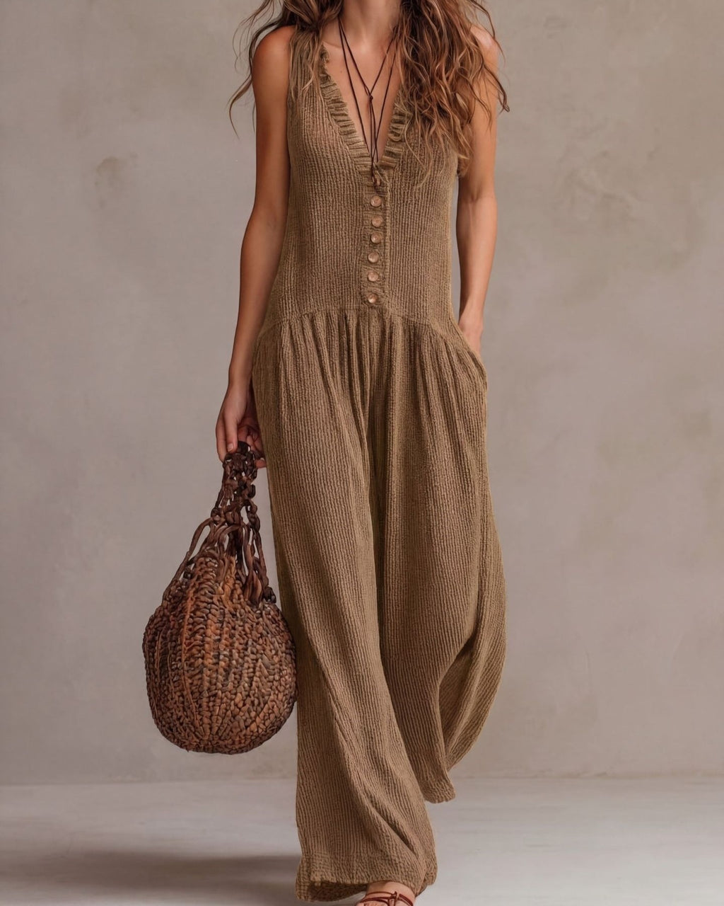 Relaxed Button Front Palazzo Leg Jumpsuit - Khaki
