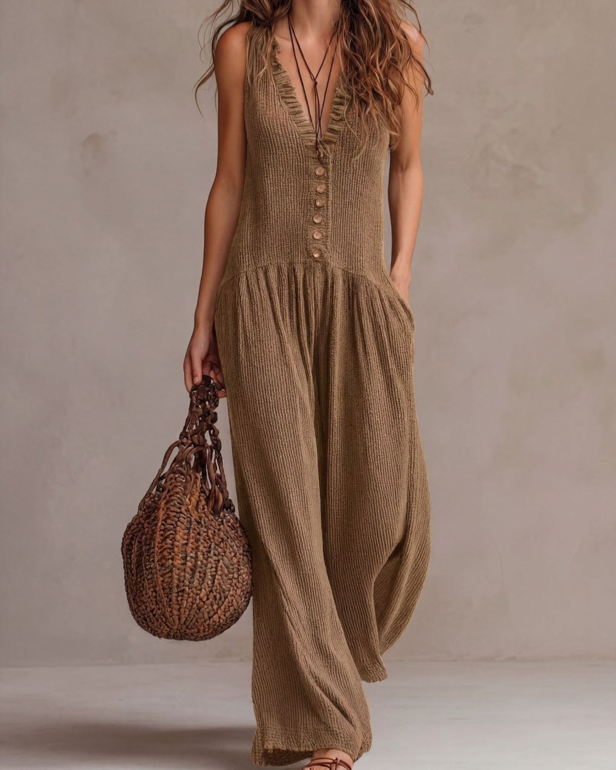 Relaxed Button Front Palazzo Leg Jumpsuit - Khaki