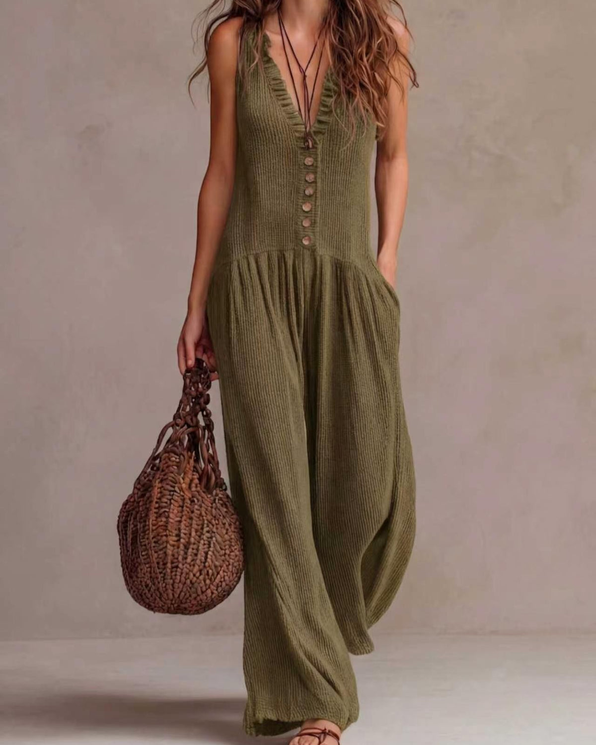Relaxed Button Front Palazzo Leg Jumpsuit - MGreen