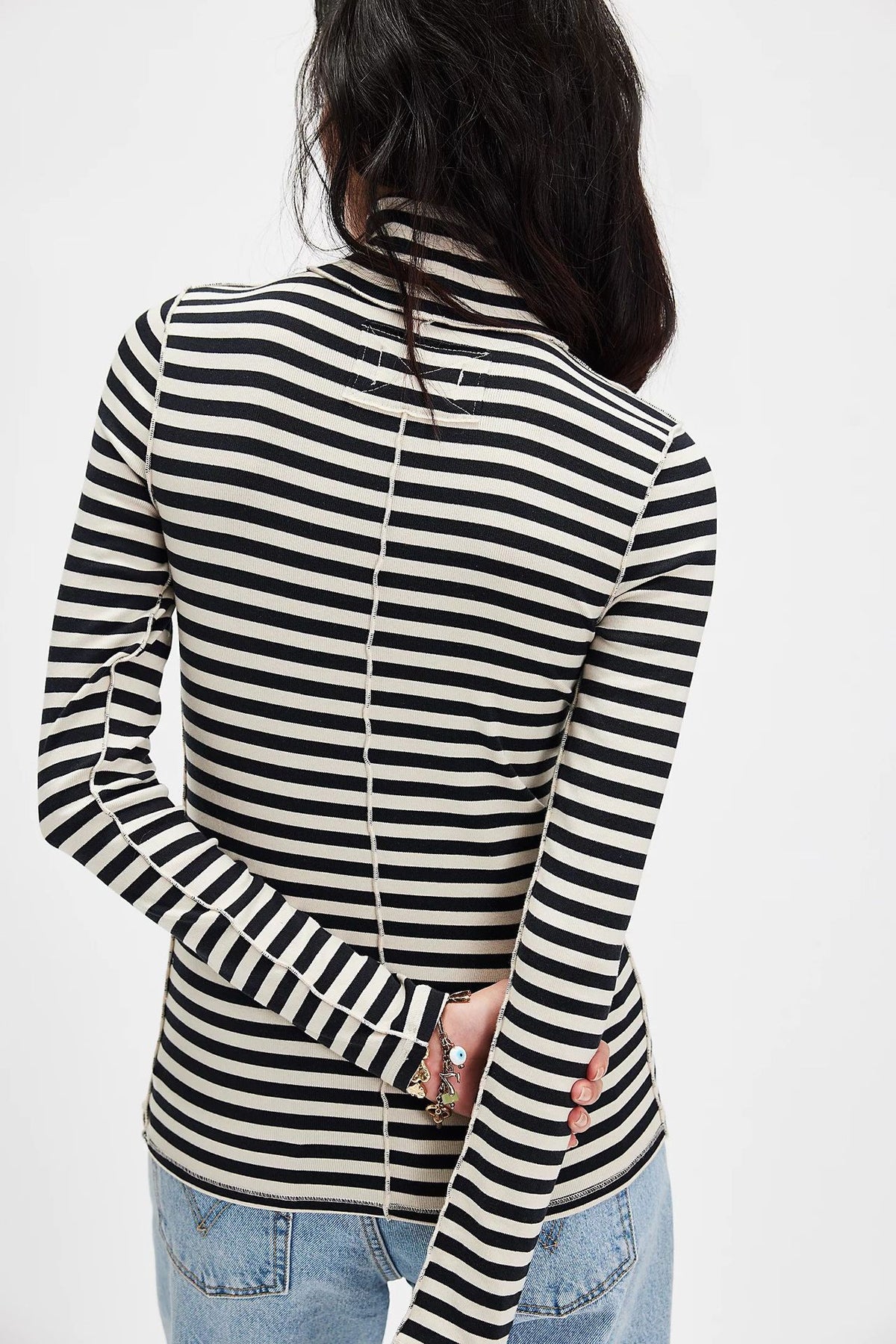 Ribbed Striped Turtleneck Slim Fit Tee - Black - 1