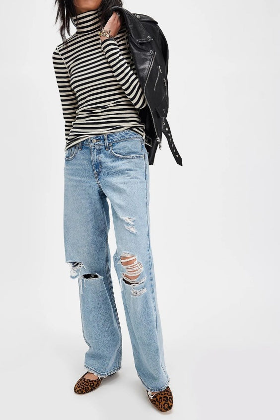 Ribbed Striped Turtleneck Slim Fit Tee - Black - 2