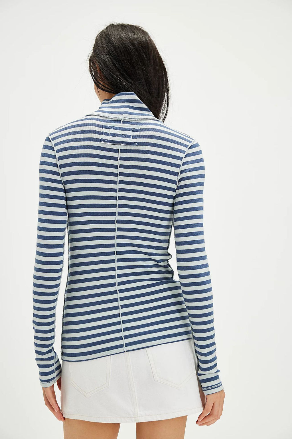 Ribbed Striped Turtleneck Slim Fit Tee - Blue - 1