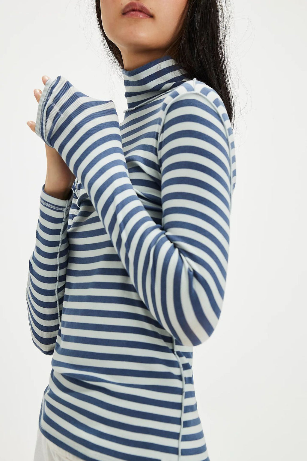 Ribbed Striped Turtleneck Slim Fit Tee - Blue - 3