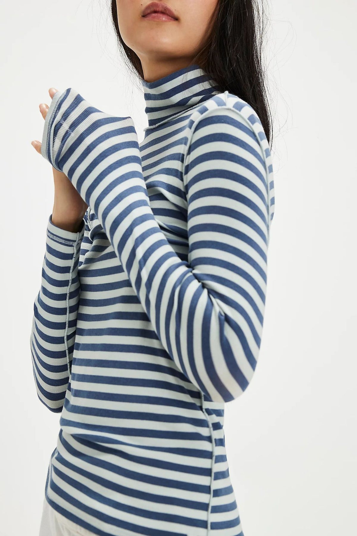 Ribbed Striped Turtleneck Slim Fit Tee - Blue - 3