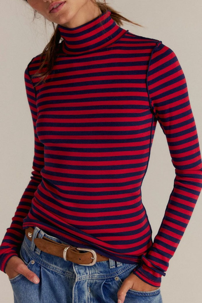Ribbed Striped Turtleneck Slim Fit Tee - Burgundy