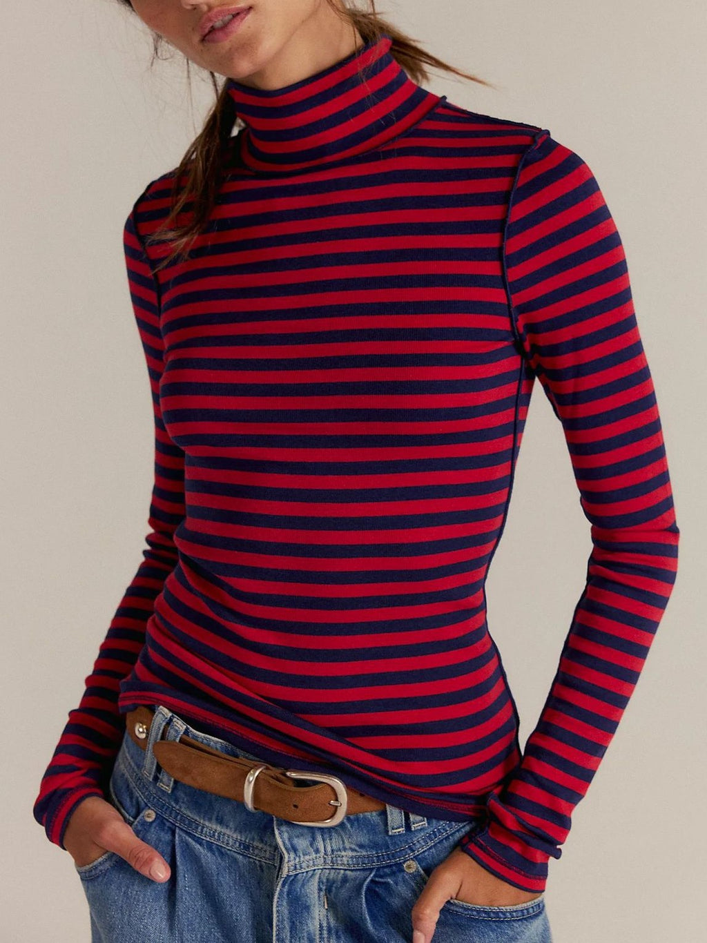 Ribbed Striped Turtleneck Slim Fit Tee - Burgundy - 1