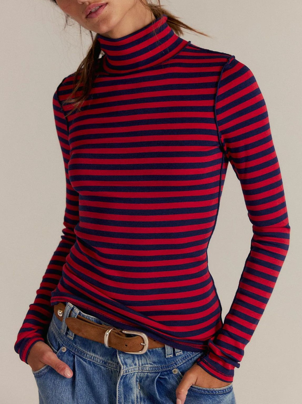 Ribbed Striped Turtleneck Slim Fit Tee - Burgundy - 1