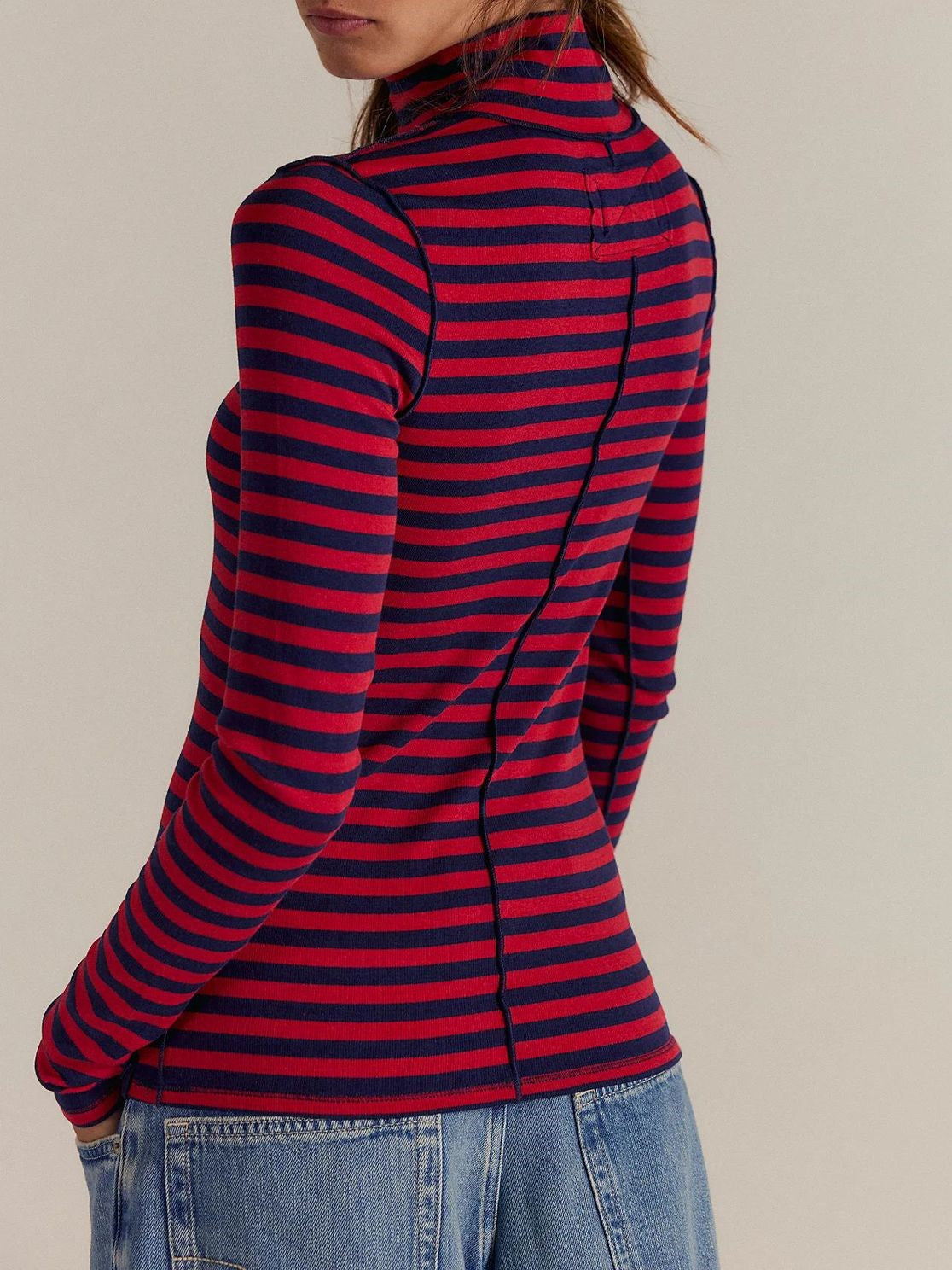 Ribbed Striped Turtleneck Slim Fit Tee - Burgundy - 2