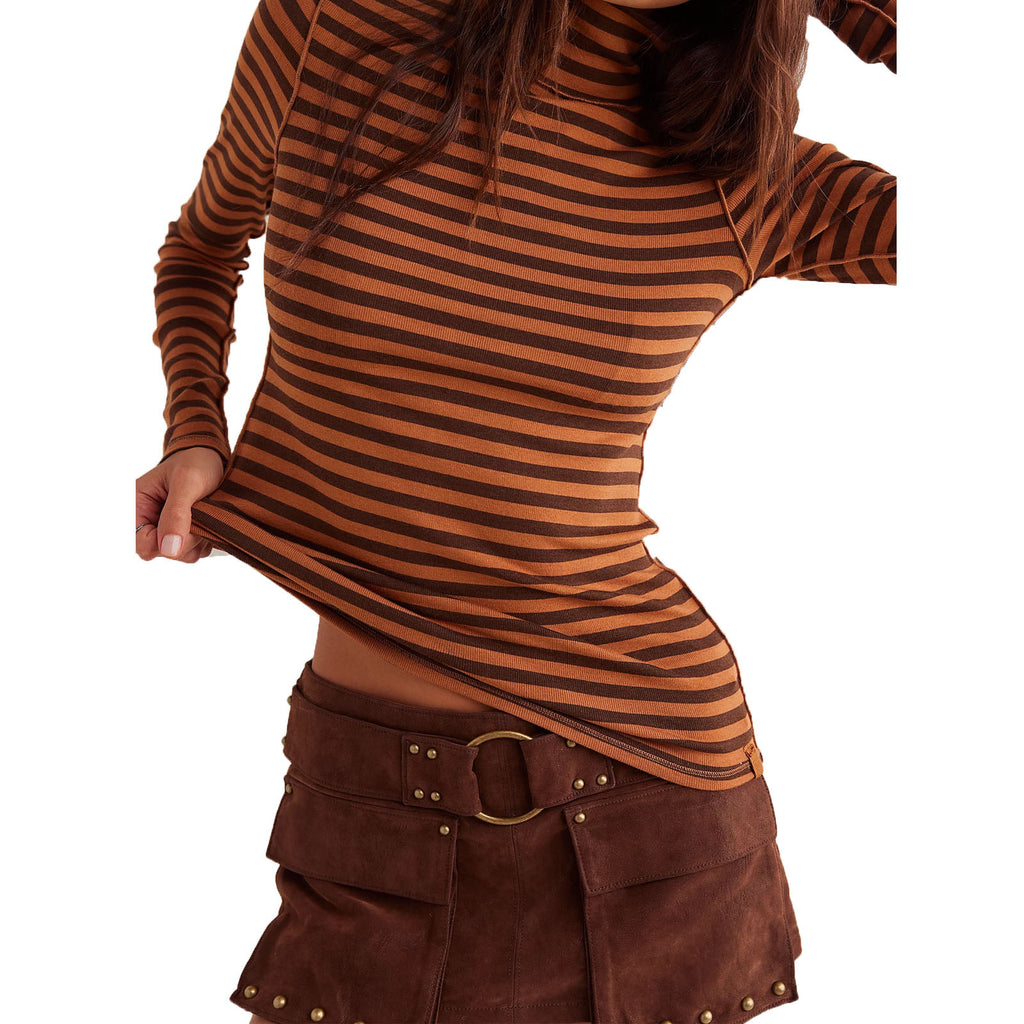 Ribbed Striped Turtleneck Slim Fit Tee - Coffee