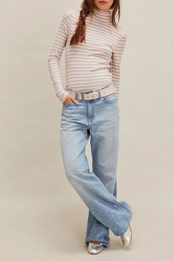 Ribbed Striped Turtleneck Slim Fit Tee - Lavender