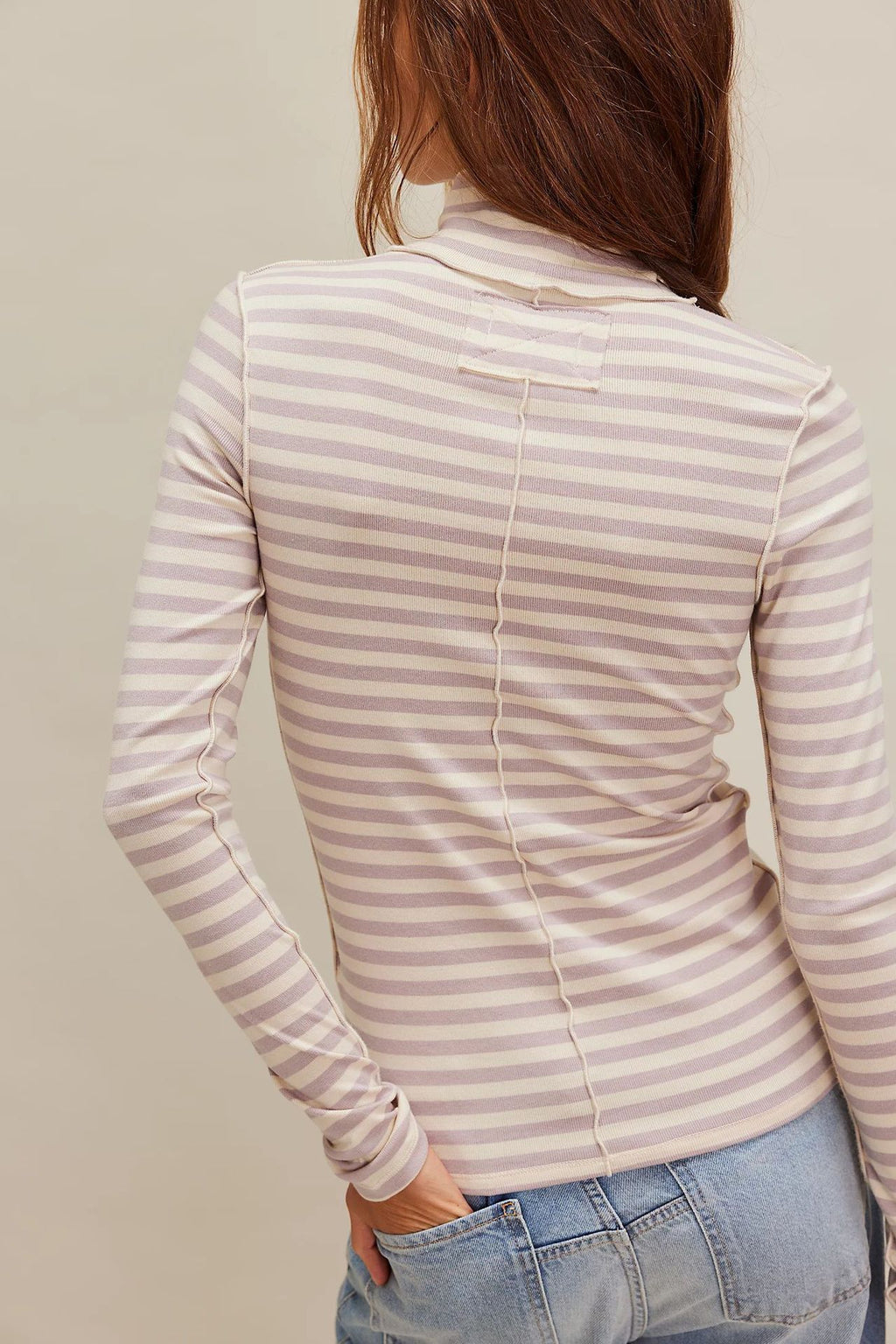 Ribbed Striped Turtleneck Slim Fit Tee - Lavender - 1