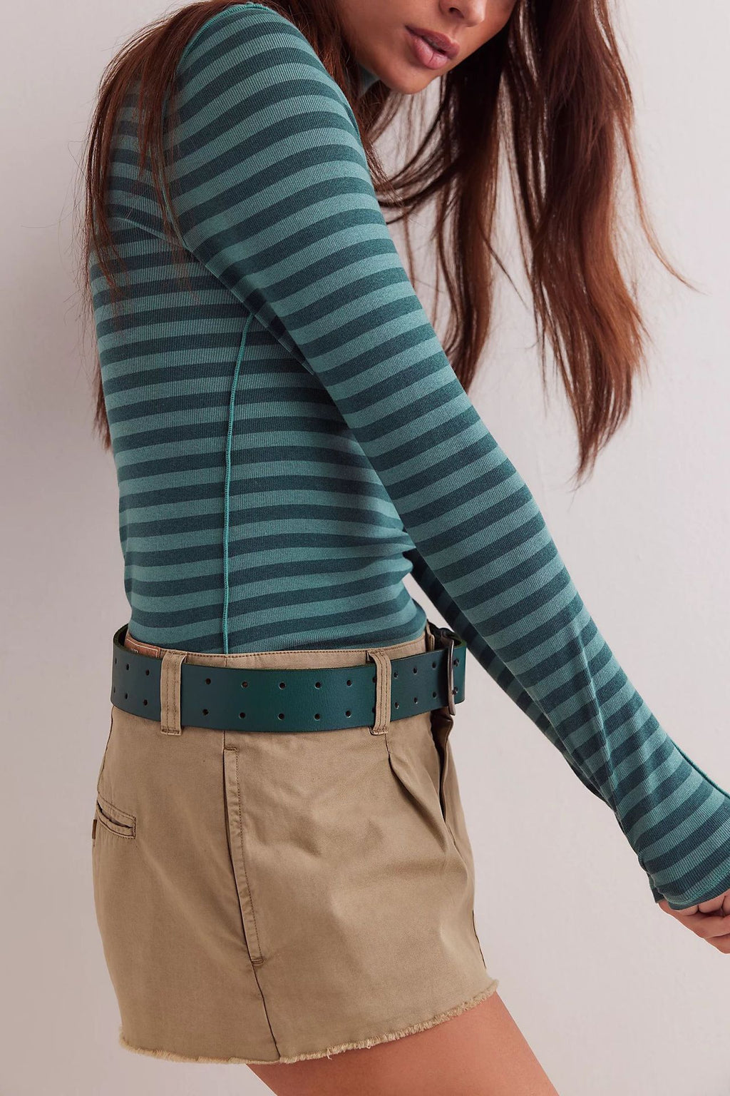 Ribbed Striped Turtleneck Slim Fit Tee - Teal - 1