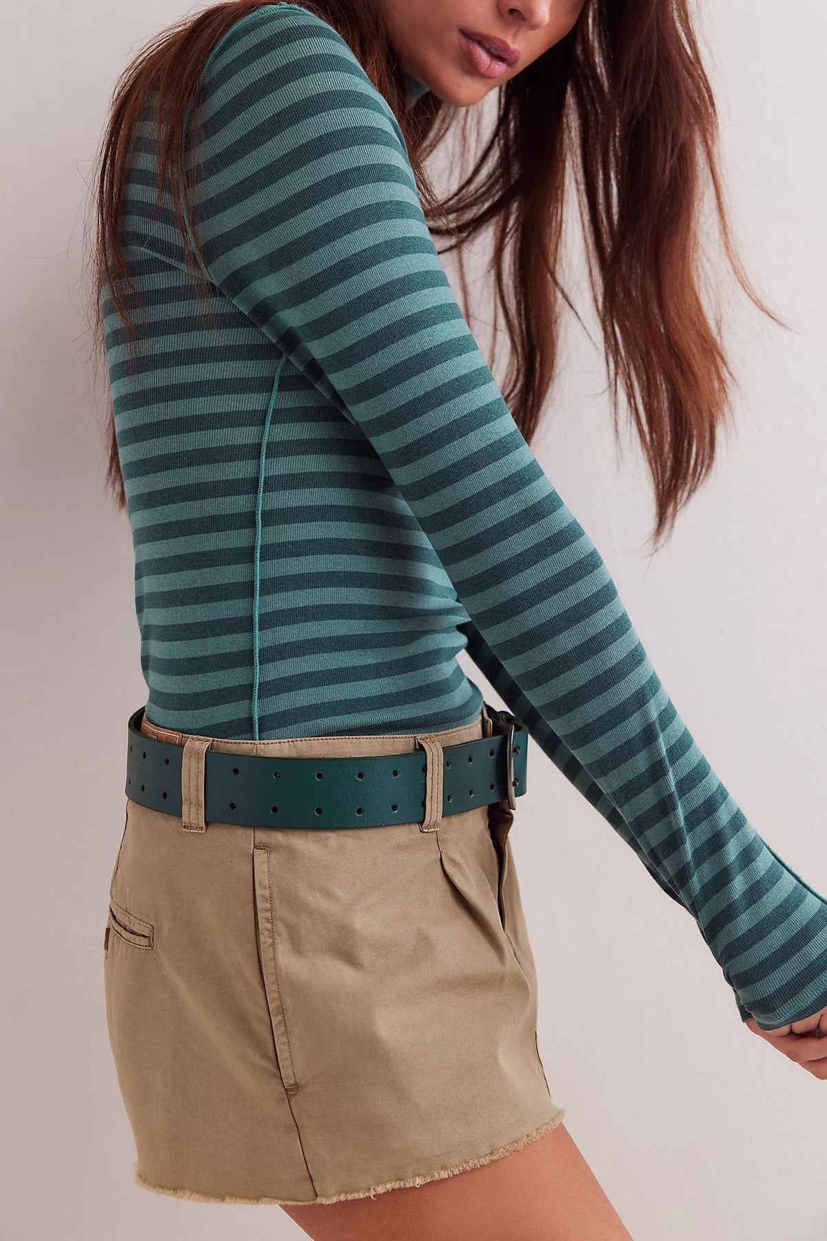 Ribbed Striped Turtleneck Slim Fit Tee - Teal - 1