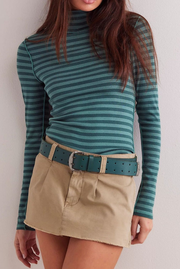 Ribbed Striped Turtleneck Slim Fit Tee - Teal - 2
