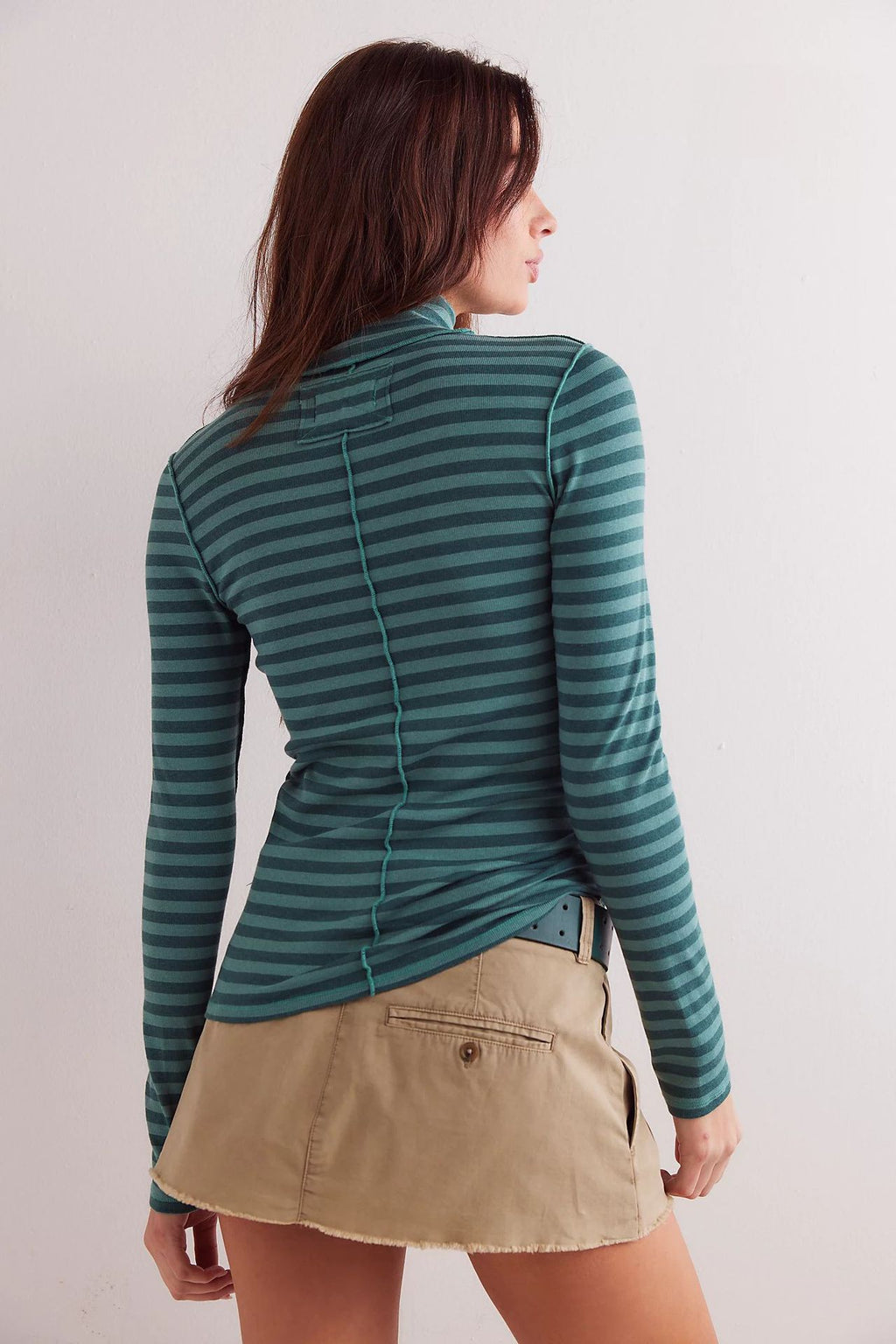 Ribbed Striped Turtleneck Slim Fit Tee - Teal - 3