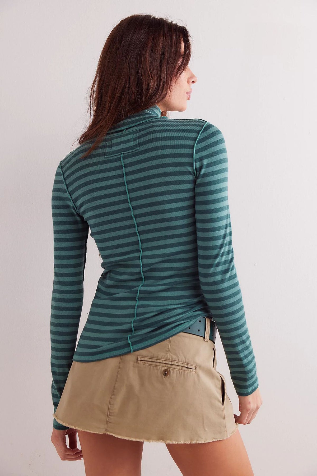 Ribbed Striped Turtleneck Slim Fit Tee - Teal - 3
