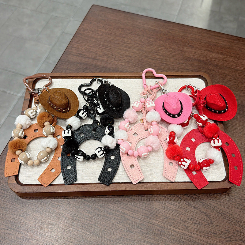 Cowboy Hat Horseshoe Charm Keychain With Pom Poms - Coffee