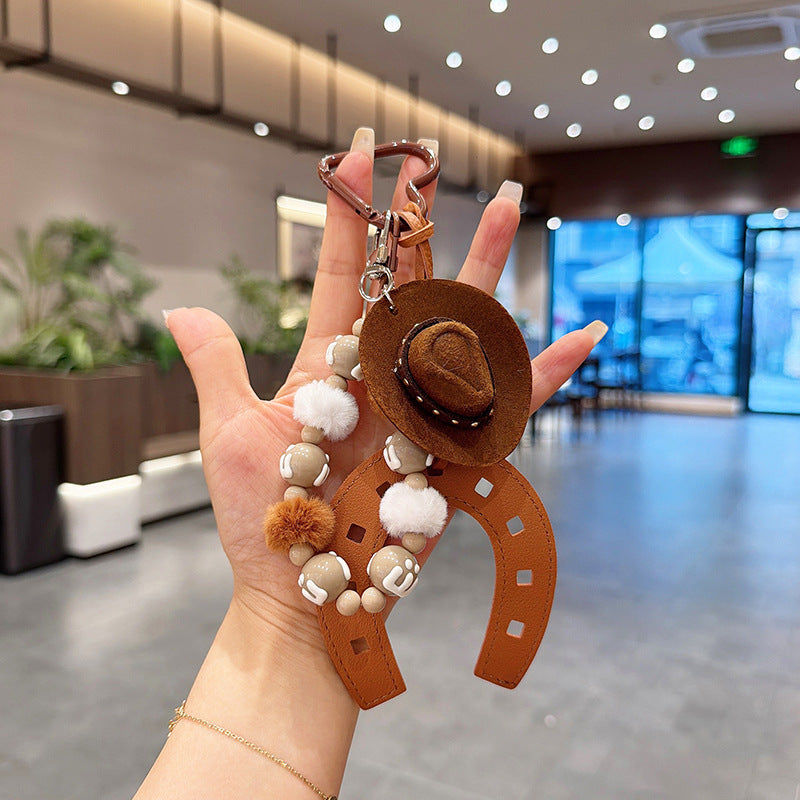 Cowboy Hat Horseshoe Charm Keychain With Pom Poms - Coffee - 2