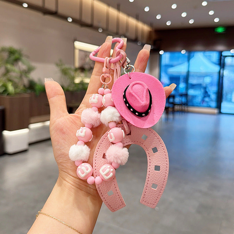 Cowboy Hat Horseshoe Charm Keychain With Pom Poms - Pink
