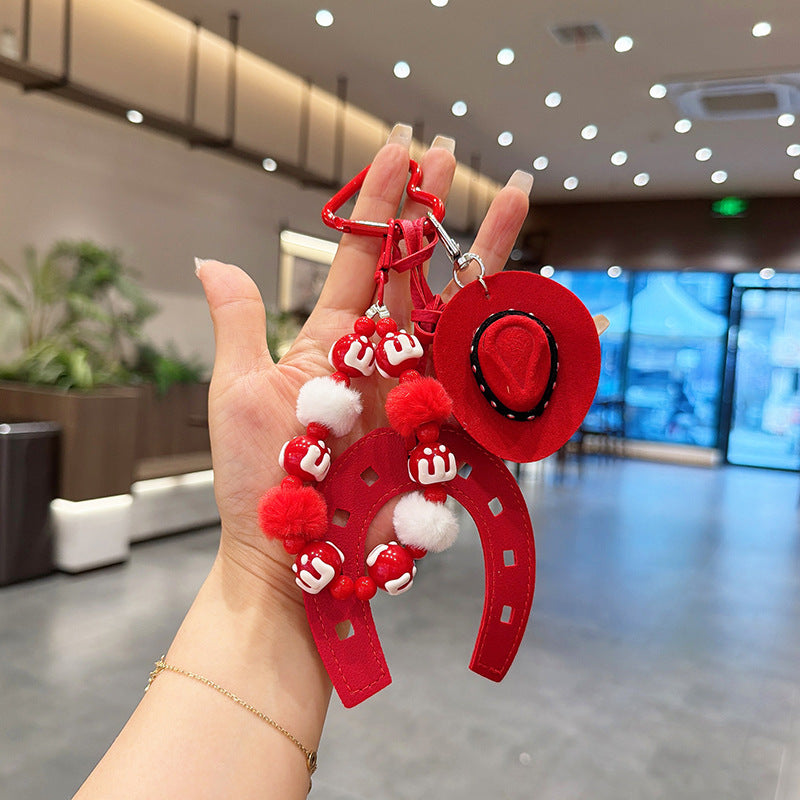 Cowboy Hat Horseshoe Charm Keychain With Pom Poms - Red