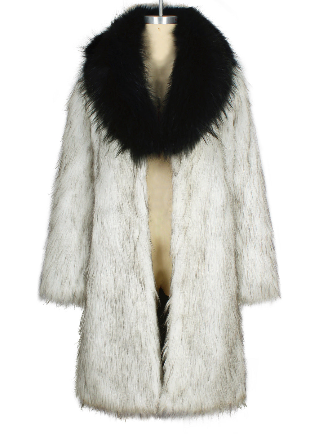 Contrast Shawl Collar Faux Fur Coat - Black