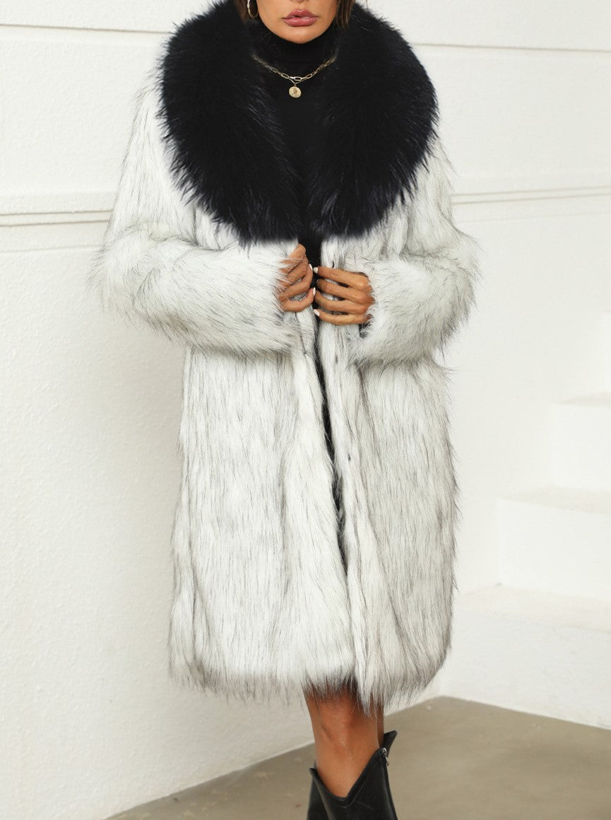 Contrast Shawl Collar Faux Fur Coat - Black - 2