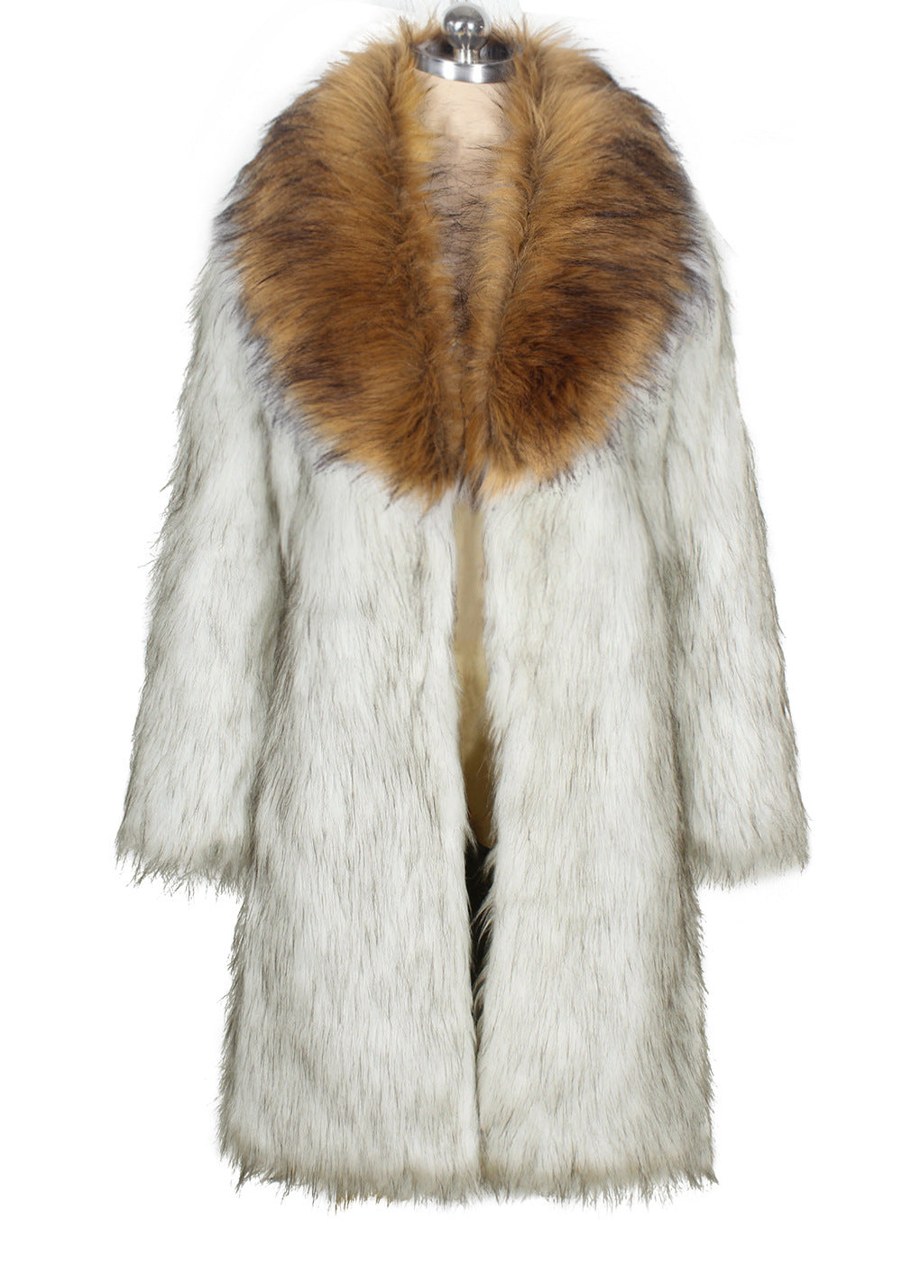 Contrast Shawl Collar Faux Fur Coat - Camel - 1