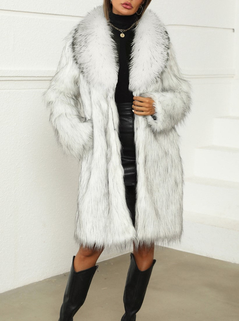 Contrast Shawl Collar Faux Fur Coat - White - 2