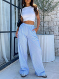 Striped Texture Elastic Waist Wide Leg Pants - LightBlue