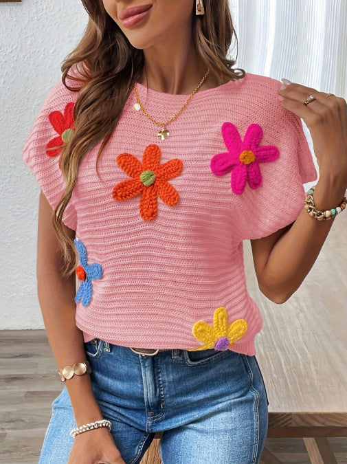 Crochet Flower Applique Knit Top - Pink