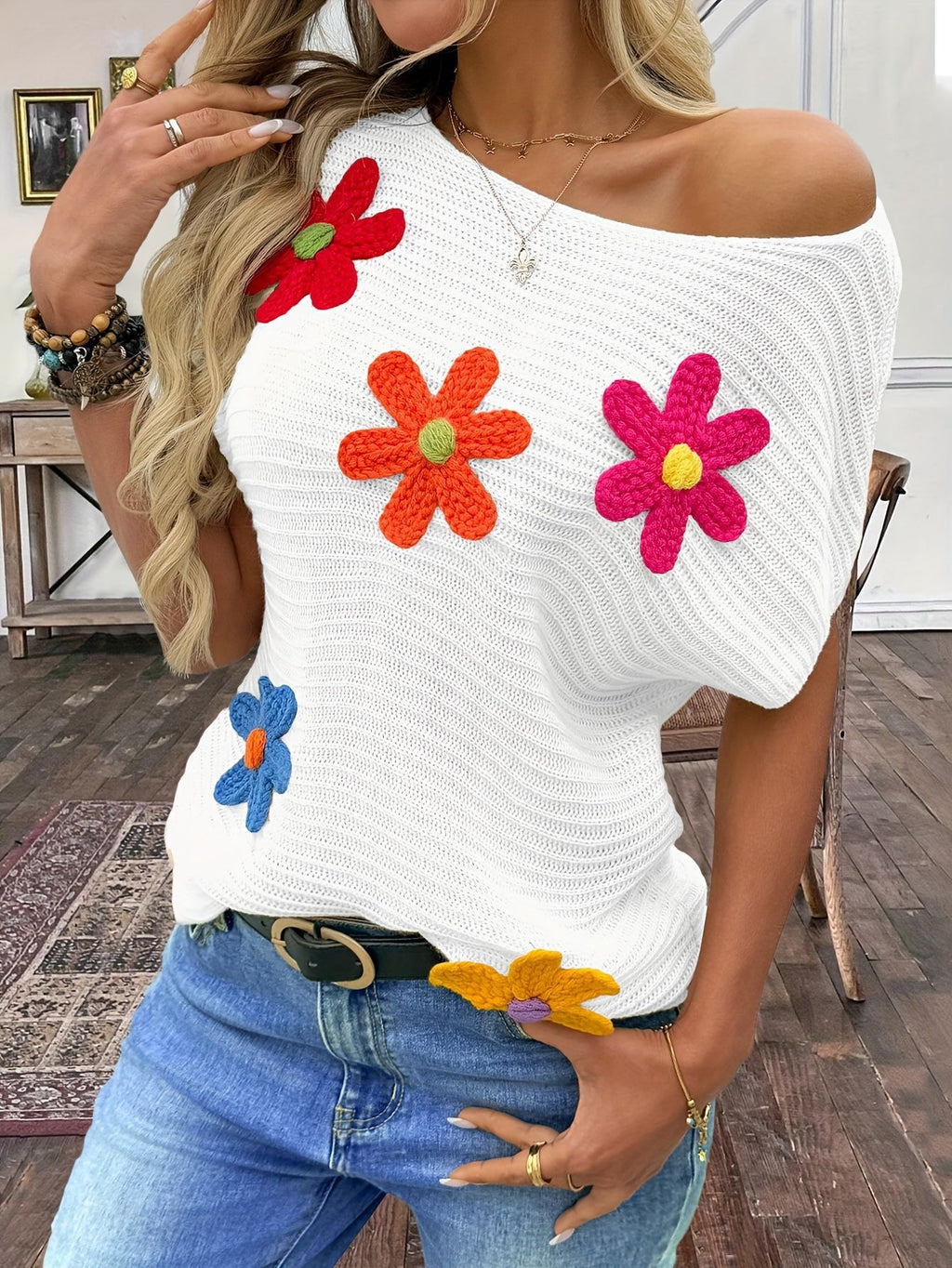 Crochet Flower Applique Knit Top - White - 1