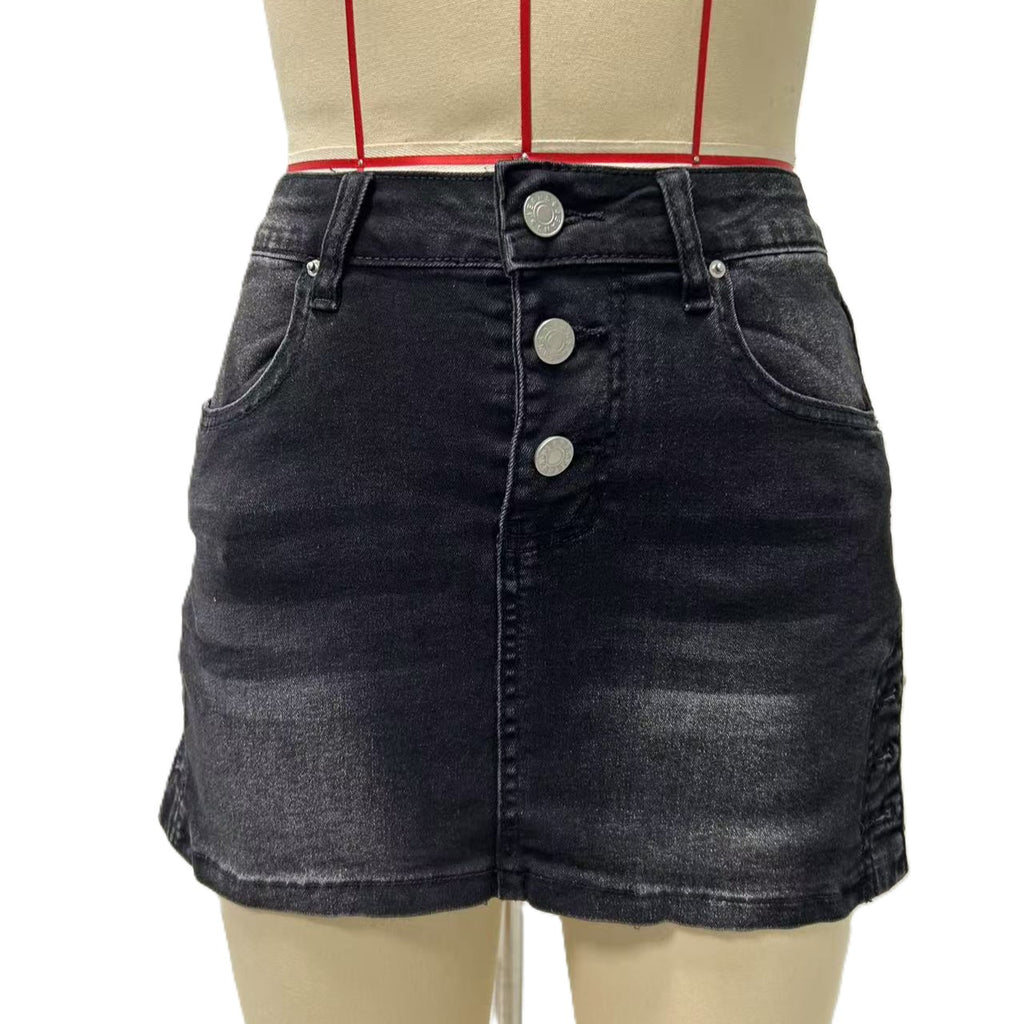 High Waist Stretch Denim Mini Skirt - Black